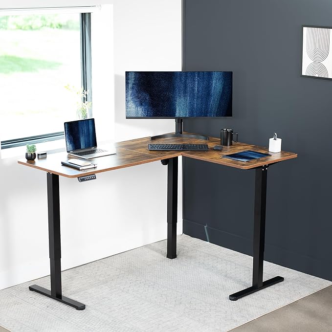 VIVO Electric Corner L-Shaped 63 x 47 in Rustic Standing Desk, Memory Height Adjustment, Vintage Brown Top Black Frame, DESK-E3CTN-47