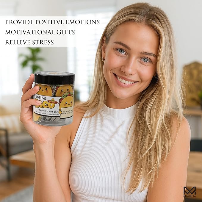 Positive Taco Jar – 60 Funny Emotional Support Taco, Back to School Gifts for Teachers, Students, Birthday Gifts for Women, Men, White Elephant Gift, Teen Girl Gifts Trendy Stuff, Friends Gifts