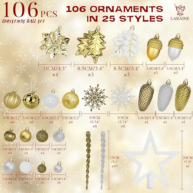 LARAINE Christmas Balls Ornaments 106 Pcs Decorations for Christmas Tree, Shatterproof Hanging Ball Variety Gift Set of Holiday Party Wedding Decoration (Gold&White)