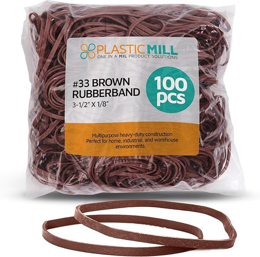 PlasticMill Brown Rubber Bands Size 33 (3 1/2" x 1/8") - #33 Colored Rubber Bands Office Supplies - Strong, Elastic Bands for Crafts, Balloon Garland, Cash, File Folders (100-Pack)