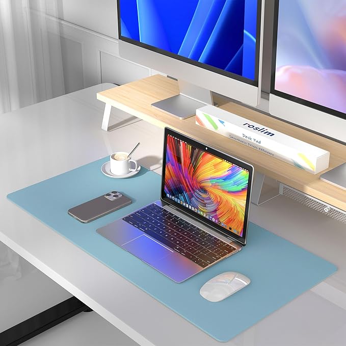 Leather Desk Pad Protector, Mouse Pad, Non-slip Computer Mat for Desk, PU Leather Office Desk Mat for Home & office, Waterproof Laptop Desk Blotter Pad for Keyboard and Mouse, Sky Blue (13.7''X23.6'')
