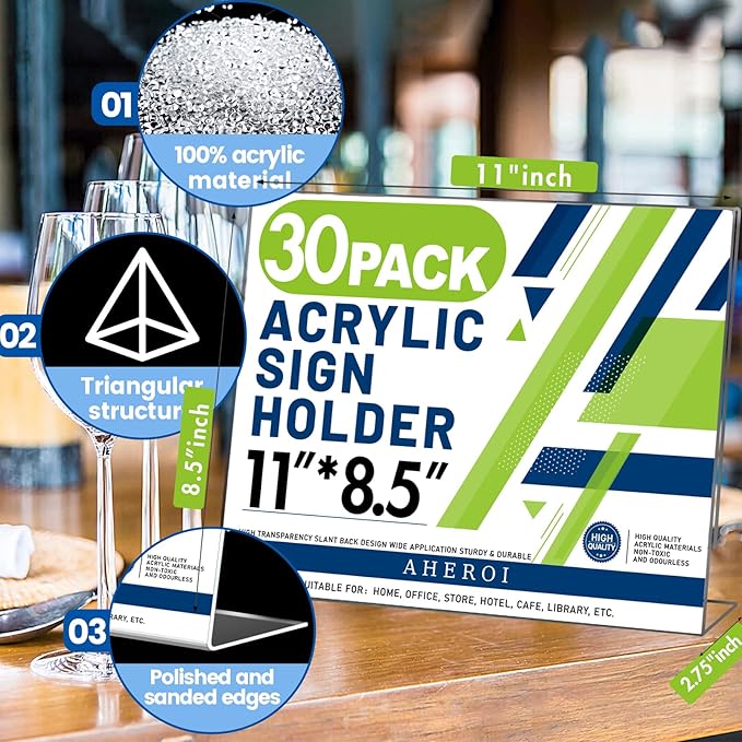 Aheroi 30Pcs Acrylic Sign Holder 8.5 x 11, L-shape Clear Sign Holders, Horizontal L-shape Acrylic Paper Holder, Plastic Table Sign Holders, Plastic Paper Holder Display Standing for Office Home School