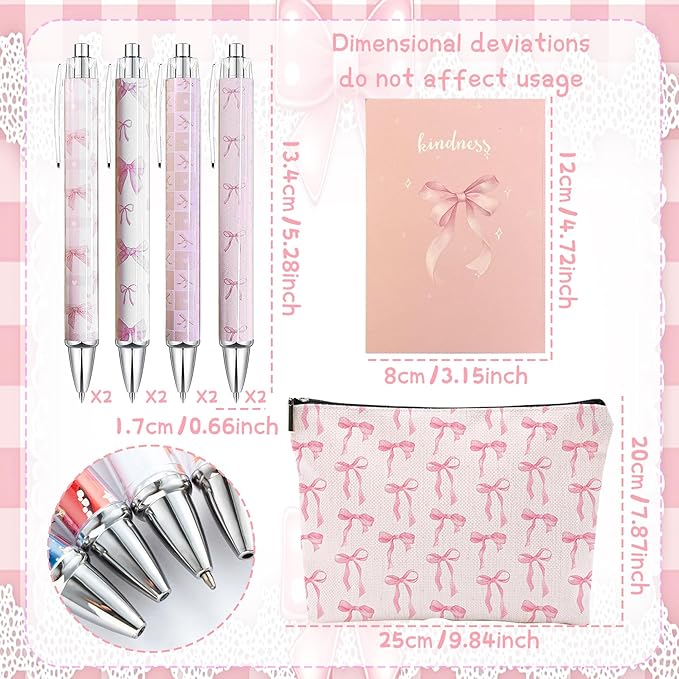10PCS Pink Bows Ballpoint Pens Coquette Bow Ballpoint Pens Black Gel Ink Coquette Aesthetic Pens sticky notepad for Journaling Office Supplies