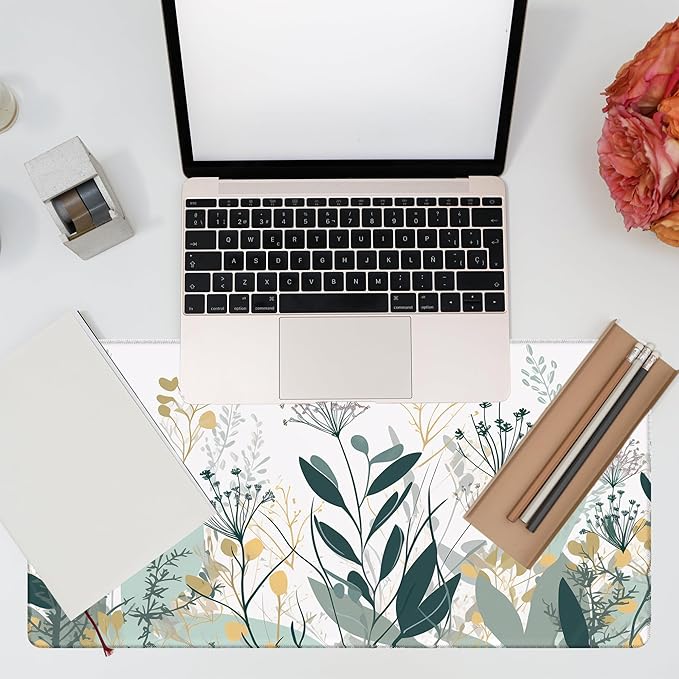 Desk Mat, Green Gold Plant Leaves Desk Pad, Wildflowers Large Gaming Mouse Pad for Desk, 31.5"x15.7" Extended Big Computer Keyboard Mouse Pad with Non-Slip Base and Stitched Edge