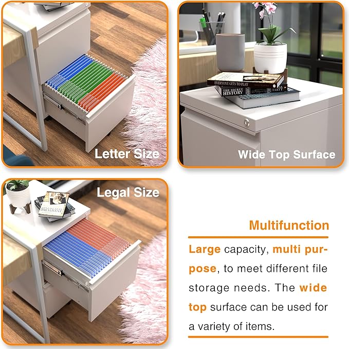Aobabo Metal 2 Drawer Office File Cabinet with Lock, Under Desk Office Steel Files Cabinet on Wheels, 25.6''H Legal/Letter A4 Size, Fully Assembled Except Wheels,White