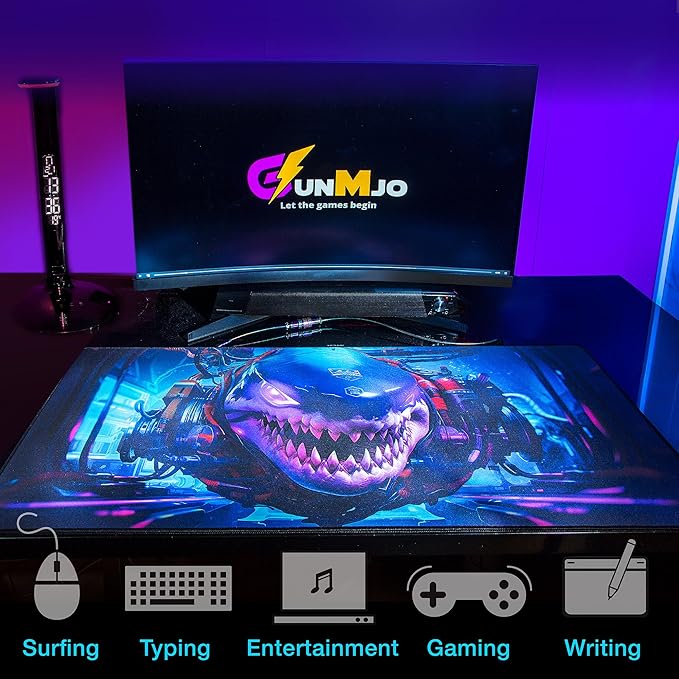 GUNMJO Shark Extended Gaming Mouse Pad, Ultra-Smooth Surface for Pixel-Precise Mouse Control, Durable Anti-Fray Stitching, Non-Slip Rubber Base, for Gamer, Office & Home, Light & Portable