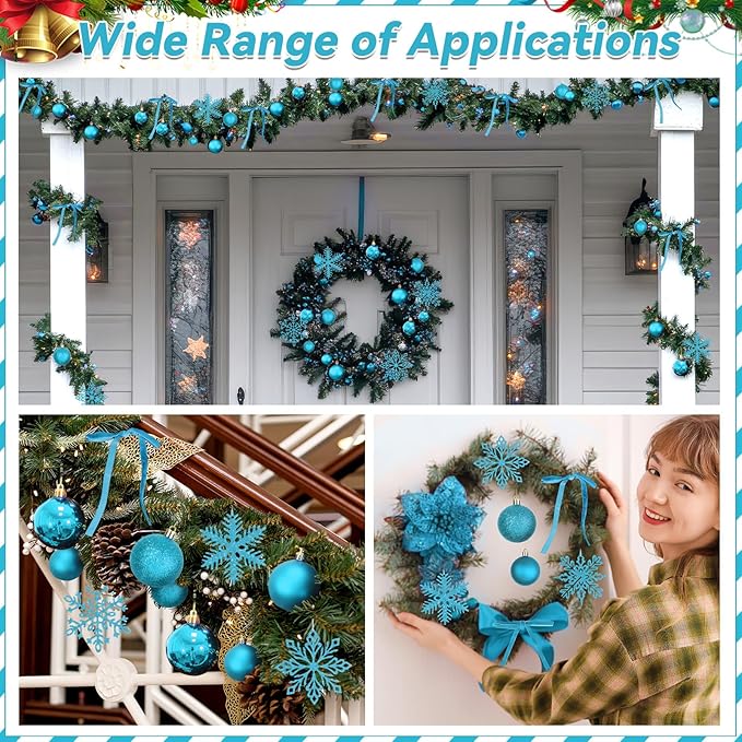 86Pcs Led Light Blue Christmas Tree Decorations Set 100 Led Light Christmas Star Trees Topper with String Lights Xmas Balls Snowflakes Ornaments Bows Xmas Trees Decor 20m Light String