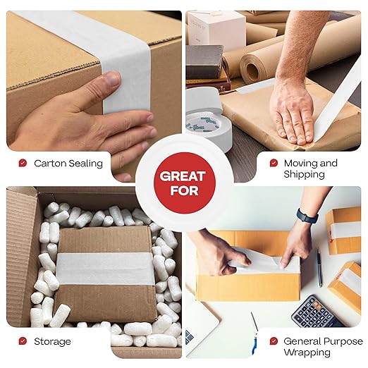 IDL Packaging 3" x 375 feet Reinforced Water-Activated Kraft Gummed Tape 70lb Thickness (Pack of 4) - Secure Paper Packing Tape for Secure Carton Sealing - Heavy-Duty for All Conditions, White