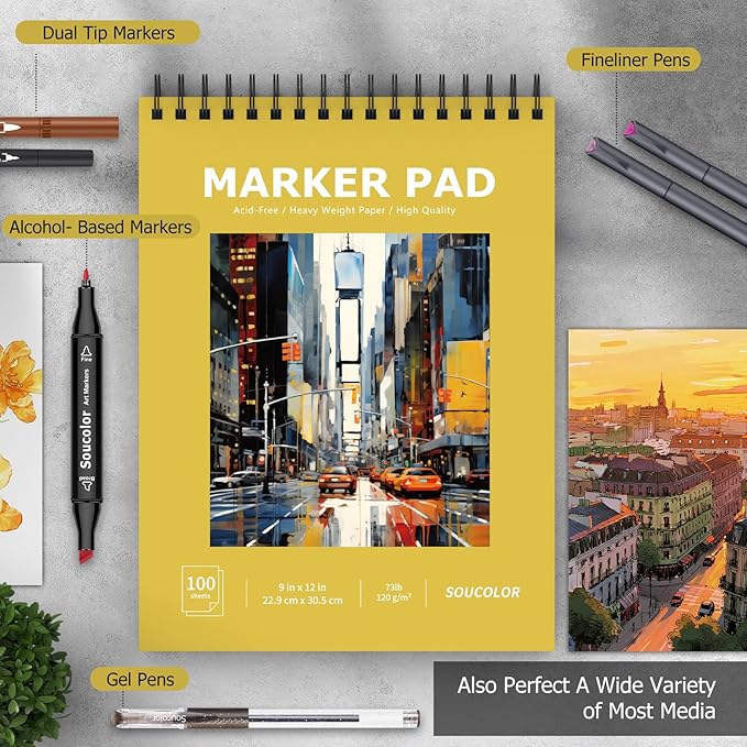 Soucolor 100 Sheets Marker Paper Pad, 9"x12" Bleedproof Art Sketch Pad, 73lb/120gsm Drawing Paper Spiral Sketch Book, Alcohol Marker Paper Painting Coloring Paper for Beginners, Artists, Kids