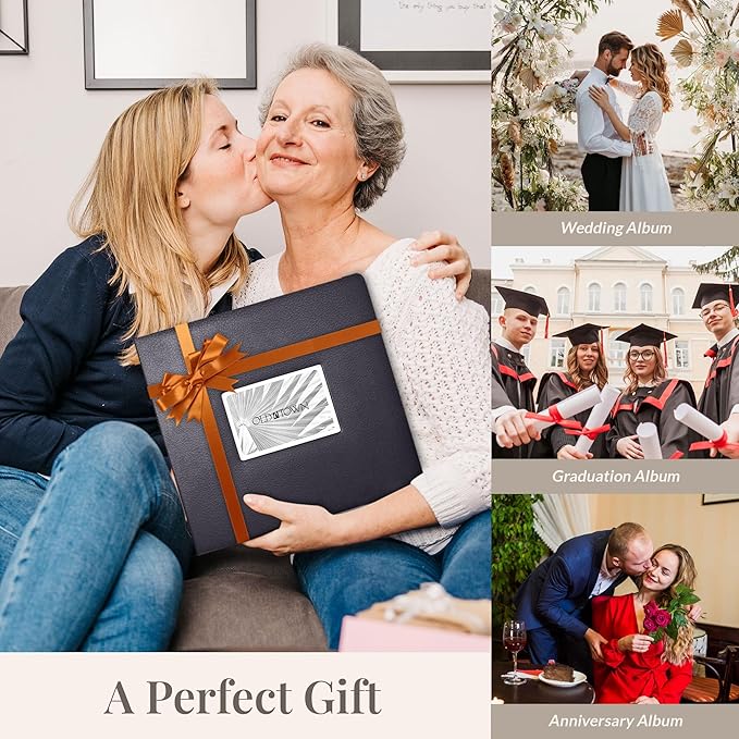 Old Town Bonded Leather Photo Album, Large Leather Scrapbook, Expandable Scrapbook Album 12x12 Double-Sided White Paper Pages and Optically Clear Pockets, Faux Suede Lining, Black