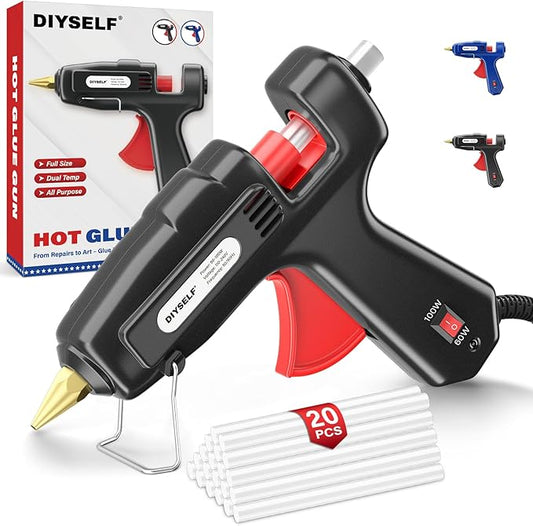 DIYSELF Hot Glue Gun, Full Size, 1 PCS Glue Gun with 20 Glue Sticks, Glue Gun and Sticks Set, Hot Glue Gun Kit for Crafts, Fabric, Woodworking, Craft Glue Guns, Heavy Duty Glue Gun, 60/100W(Black）