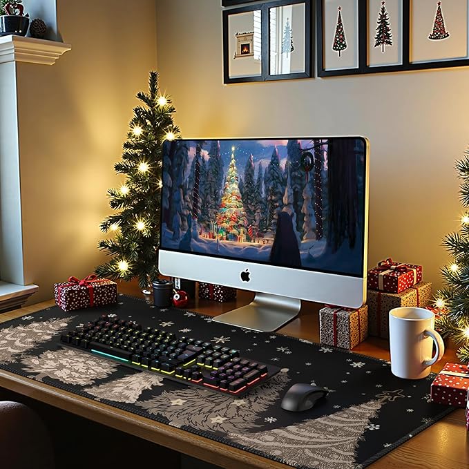 iCasso Black Desk Mat, Christmas Mouse Pad, Desk Matt for Desktop Accessories, Cute Desk Pad Mat, Large Mouse Pad for Desk, Anti-Slip Big Mousepad with Stitched Edges, Home Decoration