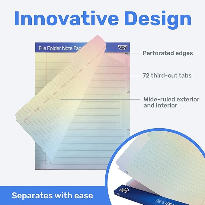 Find It File Folder Notepad - Pack of 72-9.5 x 12.5 Inch Notebook Organizer Folders for Filing, Document, and Clipboard Organization - Rainbow