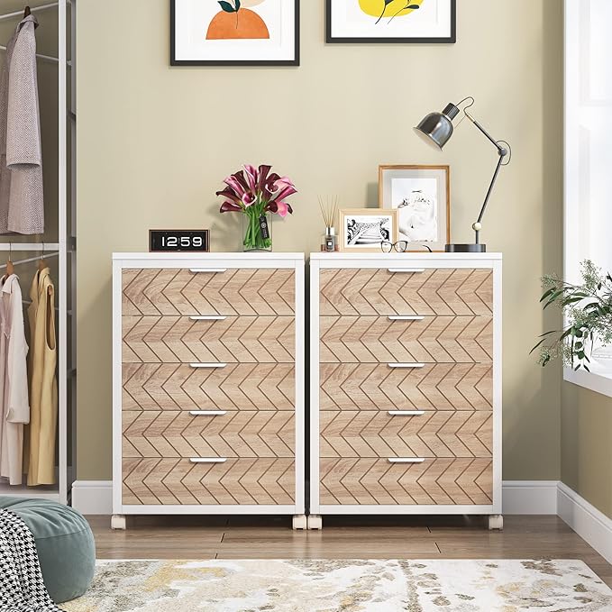 Tribesigns 5 Drawer Chest, Wood Storage Dresser Cabinet with Wheels, Industrial Storage Drawer Organizer Cart for Office Bedroom Entryway (Beige & White, 1 PC)