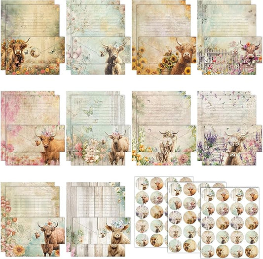 TaoBary 160 Pcs Stationery Paper Set 50 Double Sided Stationery Papers with 50 Matching Envelopes and 60 Round Dot Sticker, 10 Design(Floral Highland Cow,8.5 x 11 Inch)