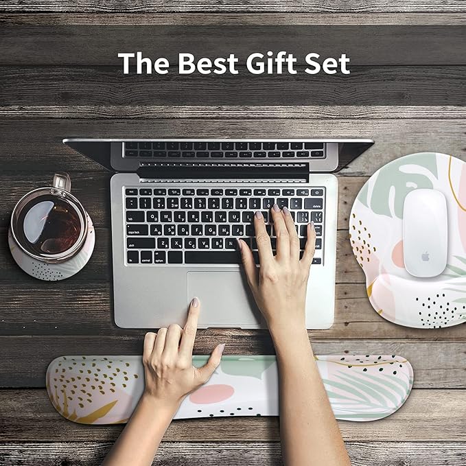 iCasso Desk Mat, Gaming Mouse Pad Wrist Support Set,4in1 XXL Large Mousepad + Keyboard Wrist Rest+Mouse Wrist Rest+Coaster Set with Ergonomic Design for Home Office Table Computer-Morandi