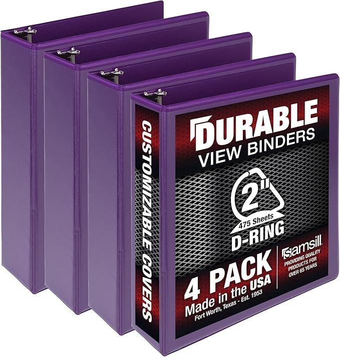 Samsill Durable 2 inch 3 Ring Binder, Made in USA, D Ring Binder, FSC 100% Recycled Chipboard, Purple, 4 Pack