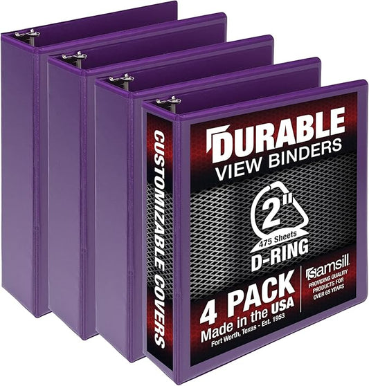 Samsill Durable 2 inch 3 Ring Binder, Made in USA, D Ring Binder, FSC 100% Recycled Chipboard, Purple, 4 Pack
