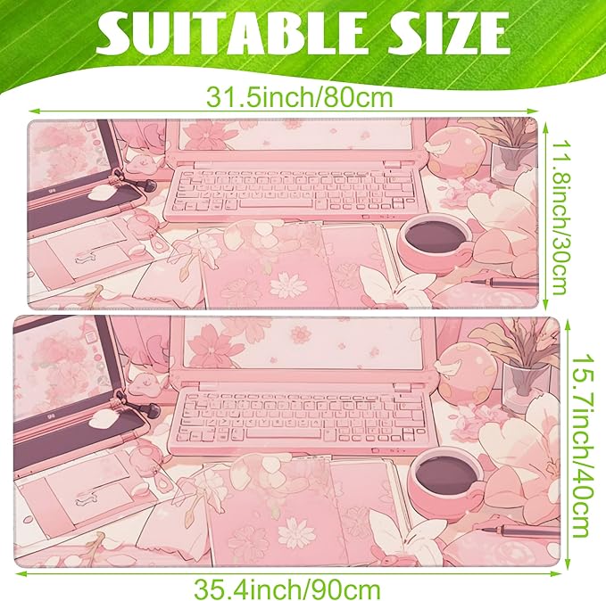 Large Gaming Mouse Pad for Desk,Pink Kawaii Anime Girl Desk Desk Mat,Kawaii Anime Desktop Desk Pad,Extended Big Computer Keyboard Mouse Pad with Non-Slip Base and Stitched Edge,35.4"x15.7"