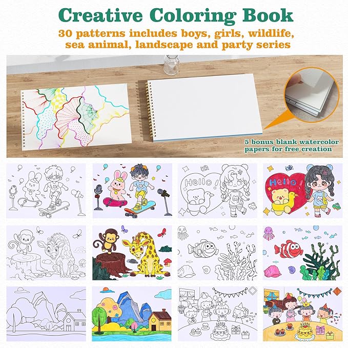 Easy Creative Coloring Book Set for Kids & Adults with 30 Patterns, 36 Color Markers, 10 Hangable Coloring Cards & 5 Premium Blank Watercolor Papers - Arts and Crafts Gift for Relaxation