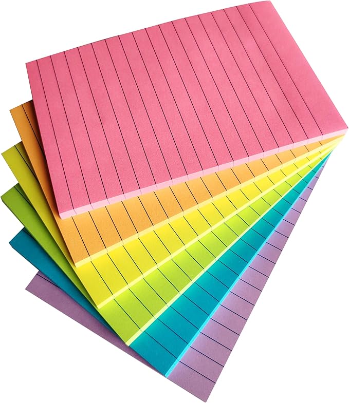 Lined Sticky Notes 4x6 Inches, 6 Bright Colors Large Sticky Notes with Lines, Super Sticking Power Memo Pads, Total 270 Sheets