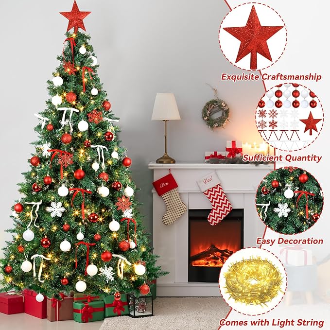 86Pcs Led Light Red and White Christmas Tree Decorations Set 100 Led Light Christmas Star Trees Topper with String Lights Xmas Balls Snowflakes Ornaments Bows Xmas Trees Decor 20m Light String