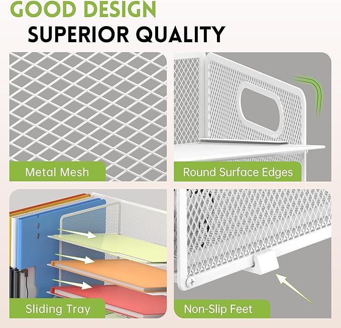 DALTACK Mesh Desk Organizer, 5-Tier Paper Letter Tray with File Holder & Pen Holder & Sliding Drawer, Desktop Organizer and Storage for Desk Accessories Office Supplies, White