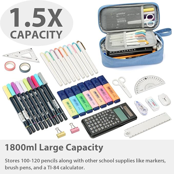 Pencil Case Pouch Box Bag School Supplies Girls Boys Kids, Cute Preppy Stuff Large Big Capacity Aesthetic Pen Organizer, Back to College Stationary, Cornflower Blue, Classic Stlye, 1800ml