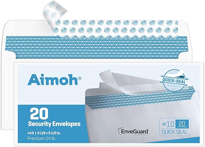 Aimoh #10 Security SelfSeal Envelopes – 20 Qty |No Window, EnveGuard, 4⅛ x 9½", White, 24 LB, 20 Count (34120)