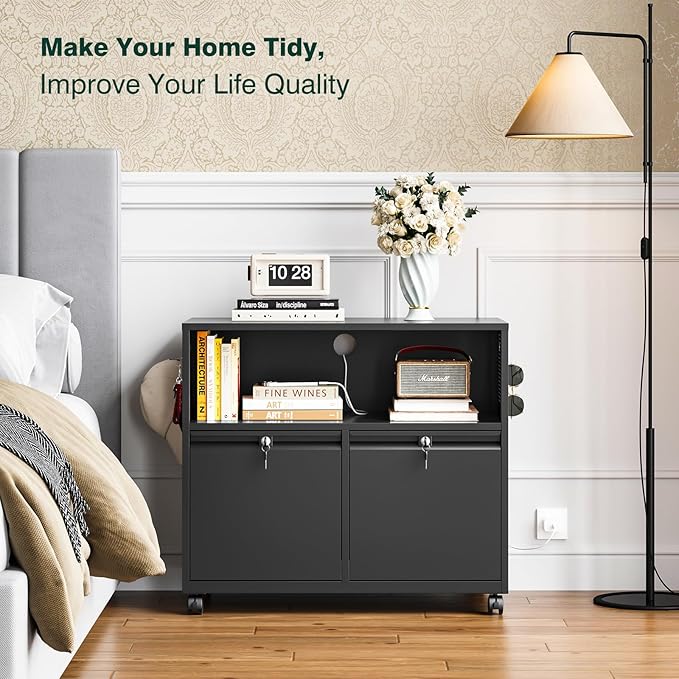 Metal File Cabinet,2 Drawer Filing Cabinet with Lock,Rolling Printer Stand Storage Cabinets with Shelves for Home Office Letter/Legal/A4 Size Files(Black)