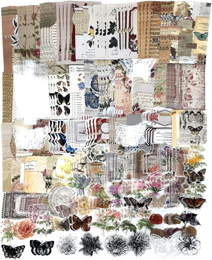 260PCS Vintage Journaling Scrapbooking Supplies Scrapbook Sticker Paper Ephemera Pack for Bullet Junk Journal Planners Collage Craft Notebooks Album (Flowers and Butterflies)