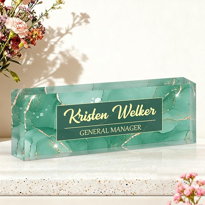 Ship Next Day-Custom Name Plate for Desk, Desk Name Plate Personalized, Acrylic Office Desk Accessories, Appreciation Gifts for Coworkers Employee Teachers Boss Women Men (Green Coast)