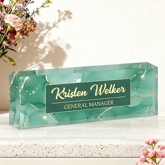 Ship Next Day-Custom Name Plate for Desk, Desk Name Plate Personalized, Acrylic Office Desk Accessories, Appreciation Gifts for Coworkers Employee Teachers Boss Women Men (Green Coast)