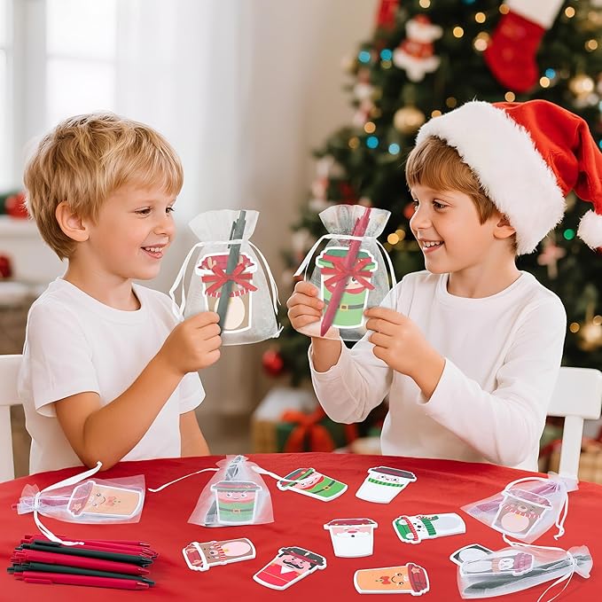 CJiangpo Christmas Sticky Note Set - 24 Pack Coffee Cup Sticky Note Pads with Ballpoint Pens Ribbons, Funny Memo Pad Stationery Set Classroom Rewards Xmas Party Favors School Office Appreciation Gifts