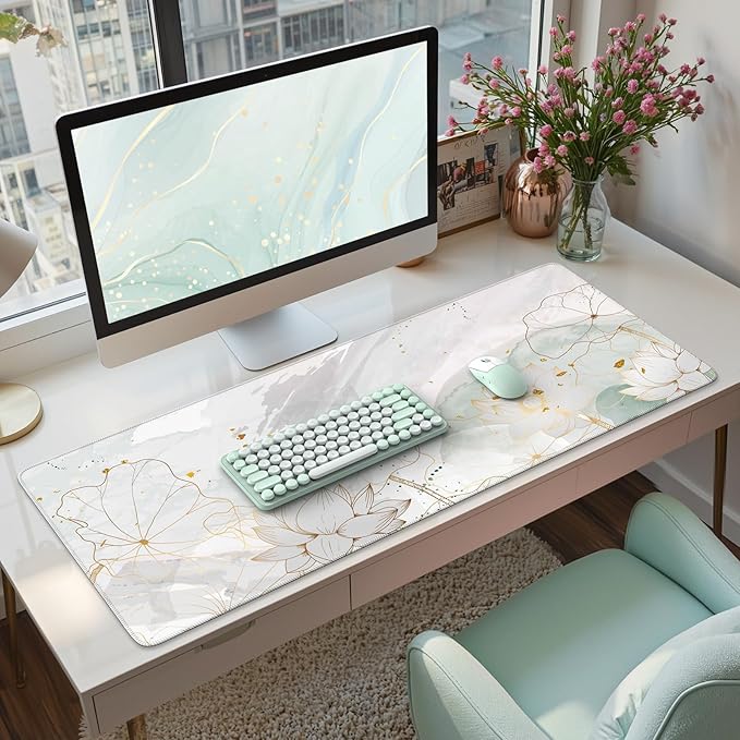 iCasso Desk Cover Mat, Extra Large Lotus Mouse Pad, Desk Pad Mat,Office Matt for Desktop Protector, Anti-Slip XXL Big Mousepad with Stitched Edges for Laptop Computer Keyboard(Green Lotus Leaf)