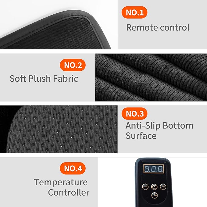 Heated Seat Cushion with 7 Heat Settings & 12-Hour Timer Shut-Off Function Office Chair Pad, Auto Shut-Off Protection, Soft Plush Cover, Non-Slip Bottom for Office Chair & Wheelchair (Black)