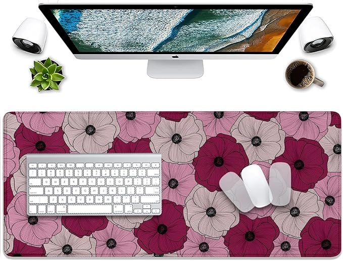 Abstract Floral Mouse Pad Desk Pad,Boho Art Flowers Extended Gaming Mouse Mat with Stitched Edges Non-Slip Waterproof Rubber Base Mous Mat for Office Home Game Desk Pad(27.5X11.8 in)