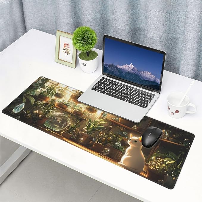 Cat Plant Mouse Pad 31.5 X 11.8 Inch Big Desk Rubber Base Stitched Edges Keyboard Pad XXL Mouse Mat for Home Game and Office