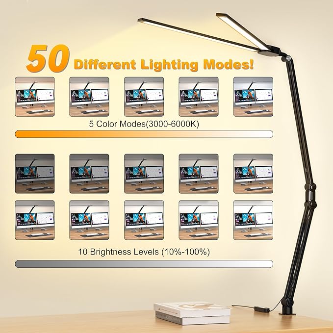 LED Desk Lamp for Office Home, 31.5" Architect Desk Light with Clamp Dual Screen Computer Monitor, 15W 5 Color X 10 Brightness Levels Table Lamp for Reading, Study, 1000LM Bright, Memory Function