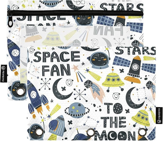 ZAZYXTJ Space Binder Pencil Pouchs 3 Ring with Zipper Clear Window Office Organizers bag for School Students Teacher Supplies 2 Pack