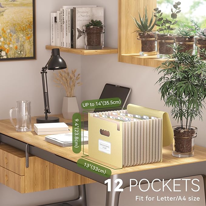 Accordion File Organizer, 13 Pockets Wheat Straw Expanding File Folder, Portable Monthly Paper Bill Tax Receipt Organizer, Letter A4 Size Document Holder with Colorful Tab - Wheat Yellow