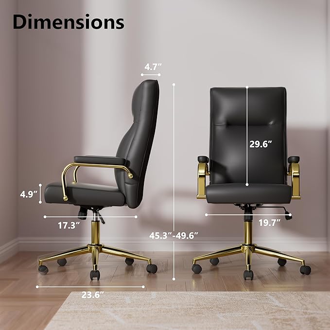 Black and Gold Office Chair Memory Foam, High Back Office Chair with Arms and Wheels, Leather Executive Computer Desk Chair with Back Support for Women Girls and Adults