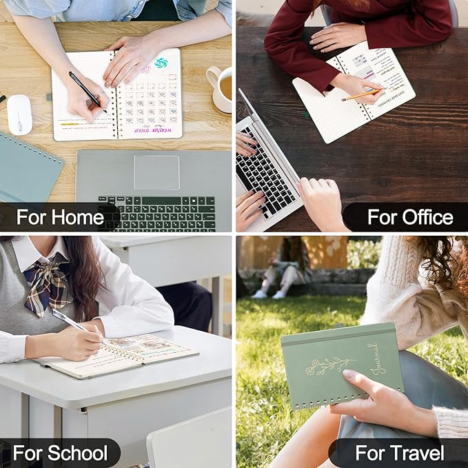 EMSHOI A4 Graph Grid Notebook - 110 Pages 100GSM Grid Paper, Vegan Leather Floral Cover with Spiral Binding for Engineering, Bullet Journaling, School & Work - Includes Ruler, Pockets & Stickers-Black