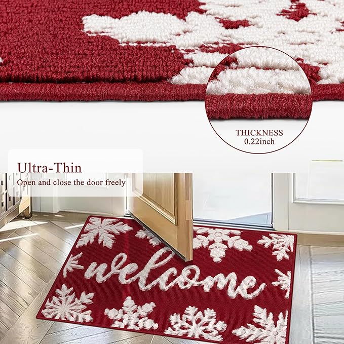 Christmas Doormat with Non Slip, Loop Pile Red and White Indoor Christmas Welcome Mat with Absorbent & Dirt-Trapping, Porch Decor Outdoor Front Door Mat 32x48 Inch