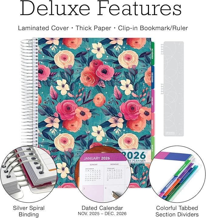 DELUXE 2026 Planner, 8.5"x11": 14 Months (November 2025 - December 2026), Includes Page Tabs, Bookmark, Planning Stickers, Pocket Folder Daily Weekly Monthly Planner Yearly Agenda (Teal Floral)