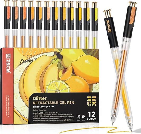 Retractable Glitter Gel Pens, 12 Colors Large Capacity Yellow Glitter Metallic Gel Ink Pens, 1 mm Fine Point Smooth Writing Color Pens for Adult Coloring Book Note Taking Aesthetic Art Supplies