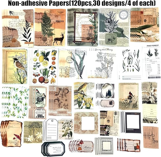 260PCS Vintage Journaling Scrapbooking Supplies Scrapbook Sticker Paper Ephemera Pack for Bullet Junk Journal Planners Collage Craft Notebooks Album (Plants and Birds)