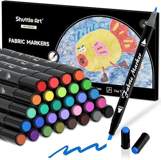 Shuttle Art Dual Tip Fabric Markers, 30 Colors Permanent No Bleed Pens for T-Shirts Sneakers, Non-Toxic & Child Safe for Kids Adult Painting Writing