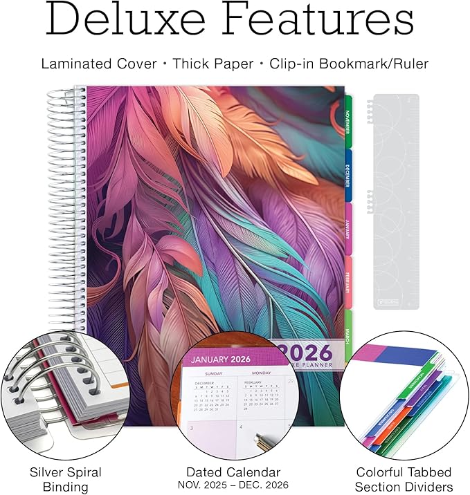 DELUXE 2026 Planner, 8.5"x11": 14 Months (November 2025 - December 2026), Includes Page Tabs, Bookmark, Planning Stickers, Pocket Folder Daily Weekly Monthly Planner Yearly Agenda (Pastel Peacock)