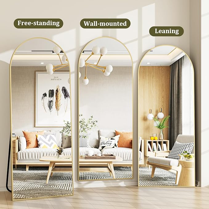 HARRITPURE 65"x24" Arched Full Length Mirror Free Standing & Wall-Mounted Full-Length Mirror with Stand Modern Gold Mirror for Living Room Bedroom Cloakroom Aluminum Frame